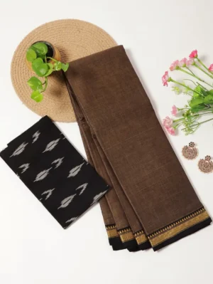 Dark Beige and Black color - Narayanpet Mercerized Cotton Saree
