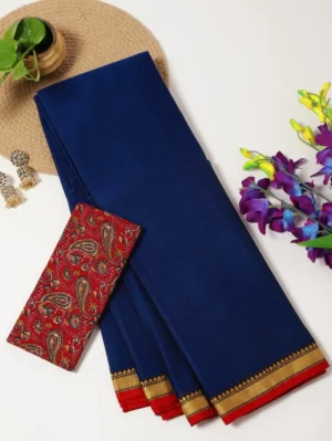 Dark Blue and Rust Orange - Narayanpet Mercerized Cotton Saree