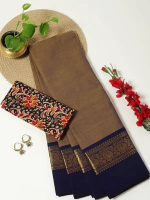 Double shaded Golden Yellow and Navy Blue- Kanchi Cotton Saree