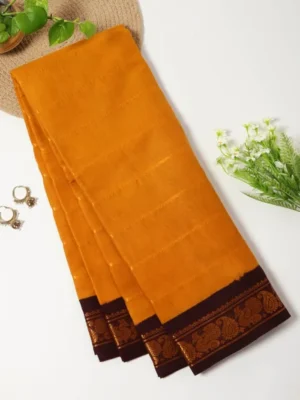 Mustard Yellow with Brown - Madurai Sungudi Cotton saree in Velthari zari stripes design.
