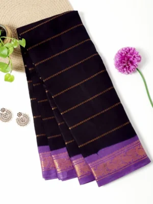 Navy Blue with Lavender- Madurai Sungudi Cotton saree in Velthari zari stripes design.