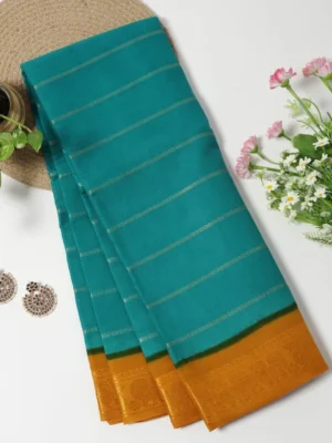 Rama Green with Mustard Yellow- Madurai Sungudi Cotton saree in Velthari zari stripes design