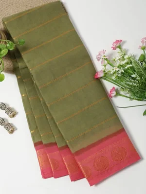 Elaichi Green with Pink- Madurai Sungudi Cotton saree in Velthari zari stripes design.