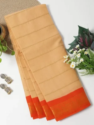 Beige with Orange - Madurai Sungudi Cotton Saree in Velthari zari stripes design.