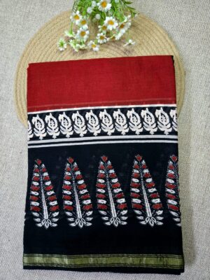 Red with Black- Jaipur Cotton Saree.