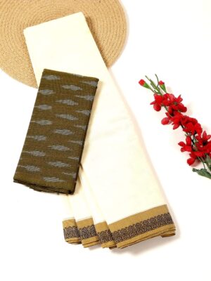 Cream White and Olive Green - Kanchi Cotton Saree