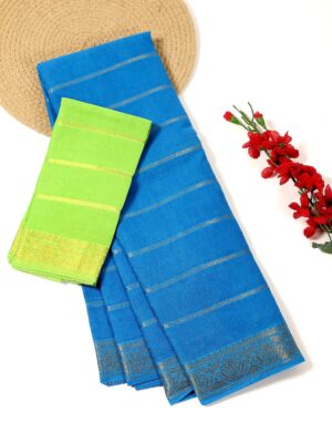 Blue with Parrot Green - Madurai Sungudi Cotton Saree in Velthari zari stripes