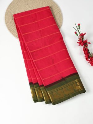 Rani Pink with Mehandi Green - Madurai Sungudi Cotton Saree in Velthari zari stripes