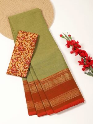 Pista Green and Brick Orange - Kanchi Cotton Saree