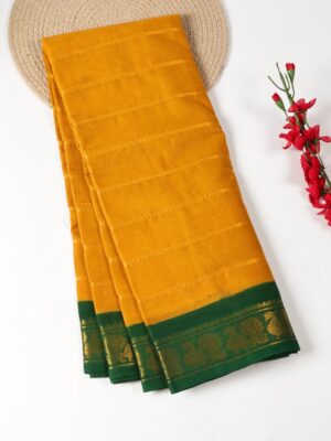Mustard Yellow with Green - Madurai Sungudi Cotton Saree in Velthari zari stripes