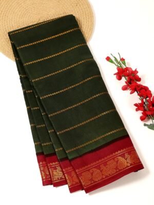 Green with Magenta - Madurai Sungudi Cotton Saree in Velthari zari stripes