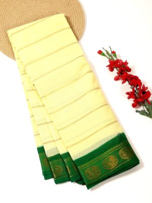 Pale Yellow with Green - Madurai Sungudi Cotton Saree in Velthari zari stripes