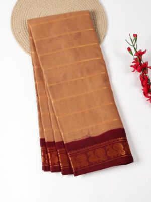 Chocolate Beige with Coffee Brown - Madurai Sungudi Cotton Saree in Velthari zari stripes