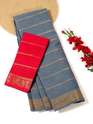 Grey with Rani Pink - Madurai Sungudi Cotton Saree in Velthari zari stripes