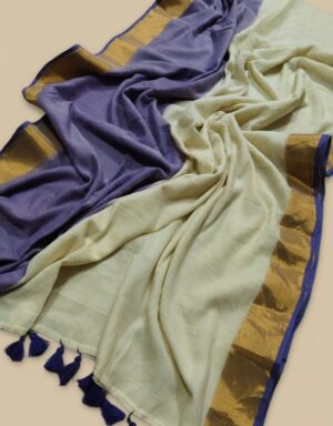 White and Lavender with Gold - 120 count Mul Cotton Saree