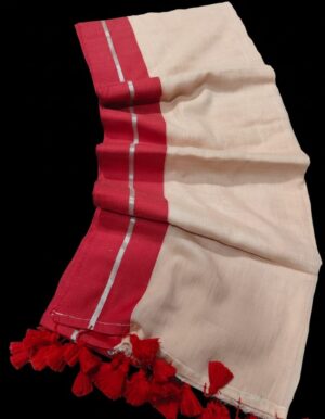 Beige and Red - 120 Count Mul Cotton Saree