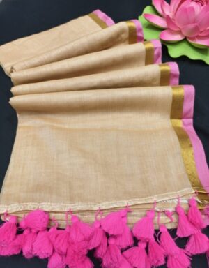 Beige and Pink - 120 Count Mul Cotton Saree
