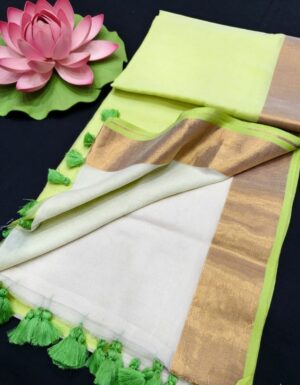 White and Lemon Green with Gold - 120 count Mul Cotton Saree
