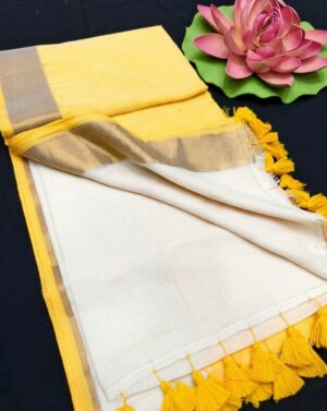 White and Yellow with Gold - 120 Count Mul Cotton Saree