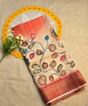 Orange and Pink Semi Tussar Silk Saree with Kalamkari prints
