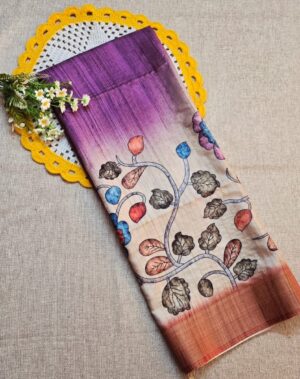 Soft Magenta Pink and Rust Orange Semi Tussar Silk Saree with Kalamkari prints