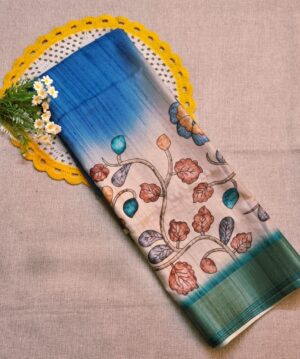 Blue and Green Semi Tussar Silk Saree with Kalamkari prints