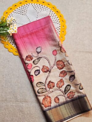 Lotus Pink and Grey Semi Tussar Silk Saree with Kalamkari prints
