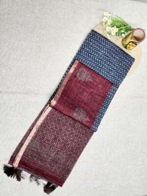 Black and Grey with Brick Orange - Jute Cotton Saree
