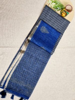 Black and Grey with Royal Blue - Jute Cotton Saree
