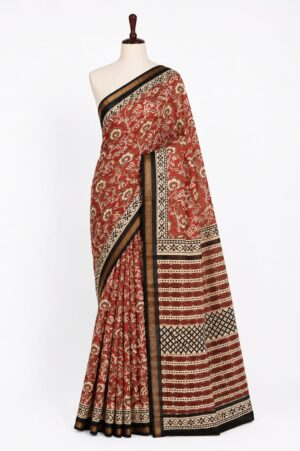 Maroonish Red with Black - Jaipur Cotton Saree