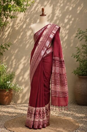 Maroon - Jaipur Linen Cotton Saree