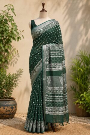 Forest Green - Jaipur Linen Cotton Saree